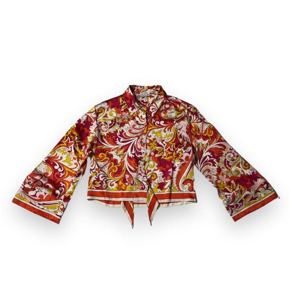 Zara Multicolor Retro Psychedelic Print Tie Front Satin Blouse Shirt XL